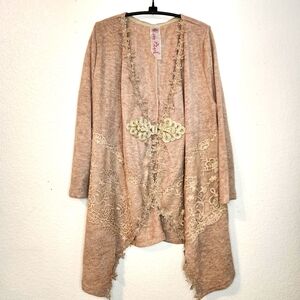 Pretty Angel Linen Cotton Elegant Tan Embroidered Lace Cardigan, Size M